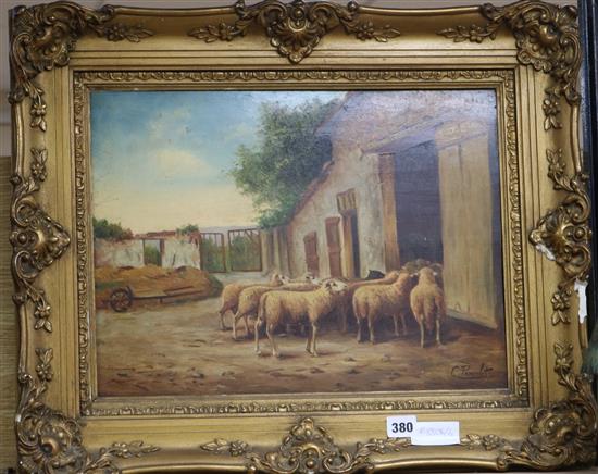 C. Poncelet, oil on board, sheep in a farmyard, signed, 32 x 43cm